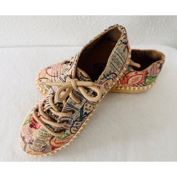Riviera Corazon Lace Up  Platform Passport Stamp Pattern Espadrille, NWOT - Picture 7 of 8
